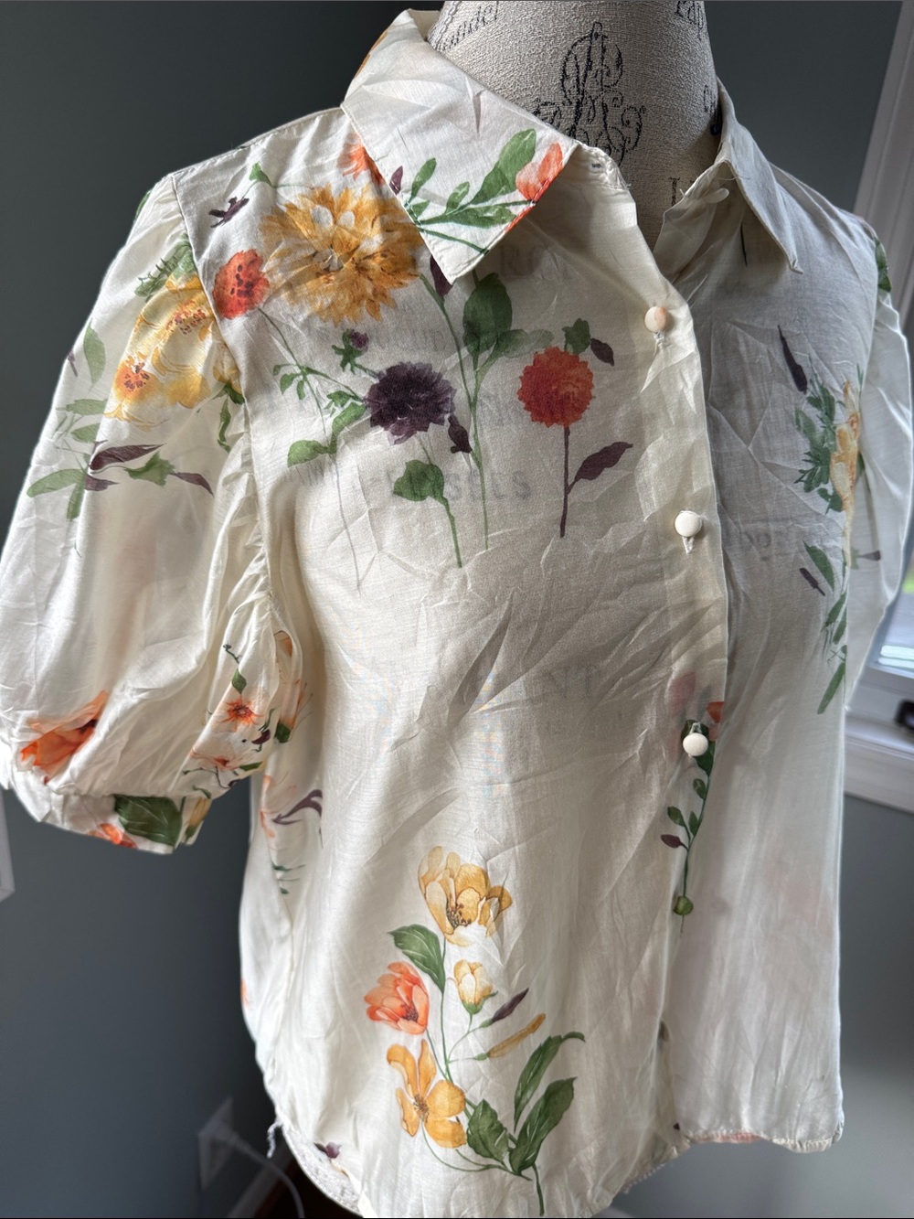 Bailey 44 floral puff sleeved button-down semi sheer medium